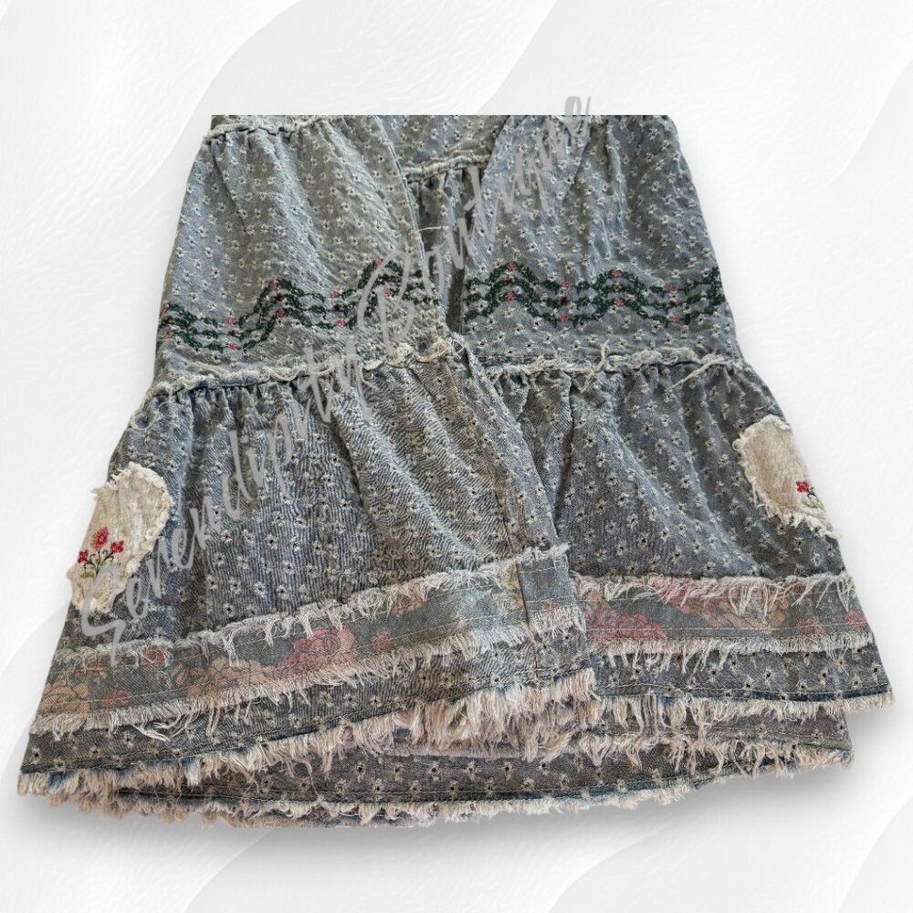 POL Bohemian Girly Cowgirl Strappy Denim Tiered Patchwork Maxi Eyelet Jean Dress - Picture 6 of 12